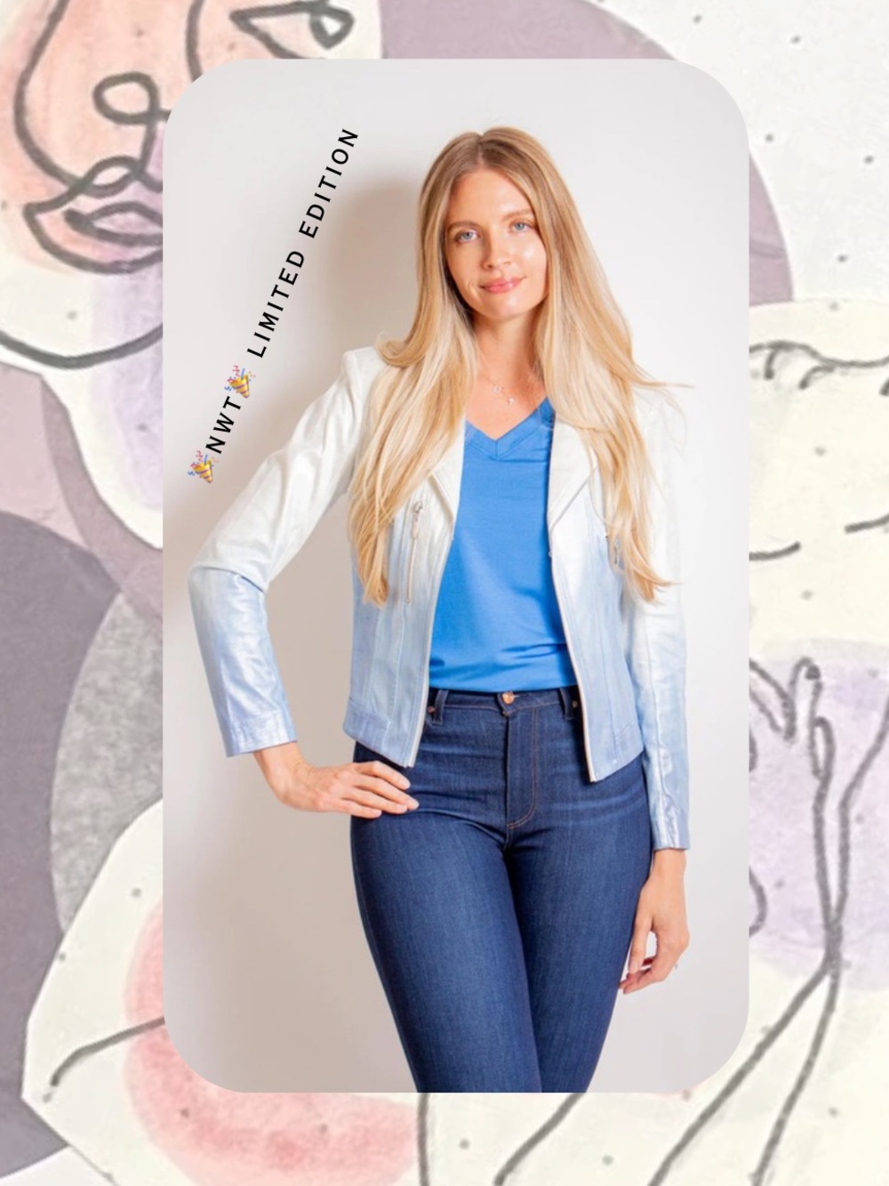 NWT🎉Light Blue & White Ombre Gradient Moto Jacket Faux Leather